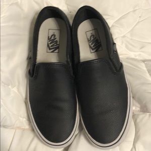 Black faux leather slip on vans